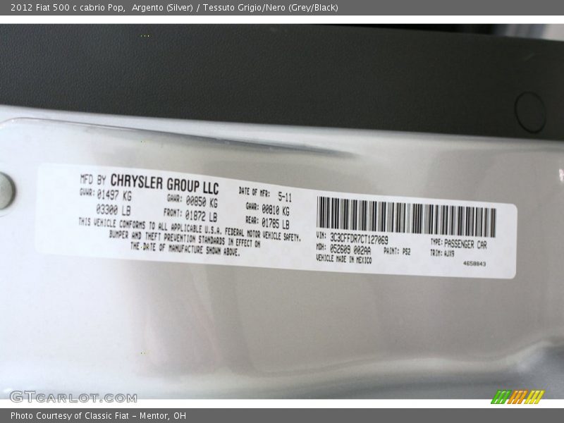 2012 500 c cabrio Pop Argento (Silver) Color Code PS2