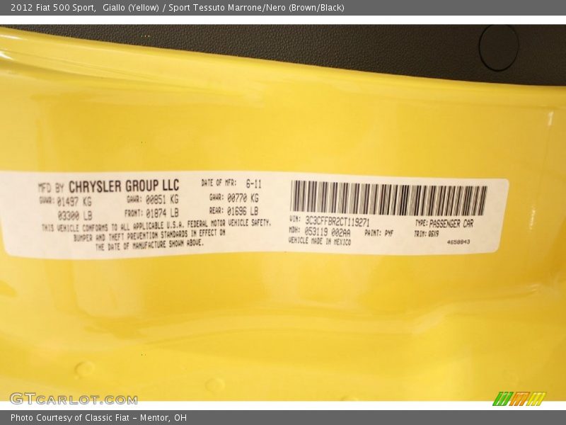Giallo (Yellow) / Sport Tessuto Marrone/Nero (Brown/Black) 2012 Fiat 500 Sport