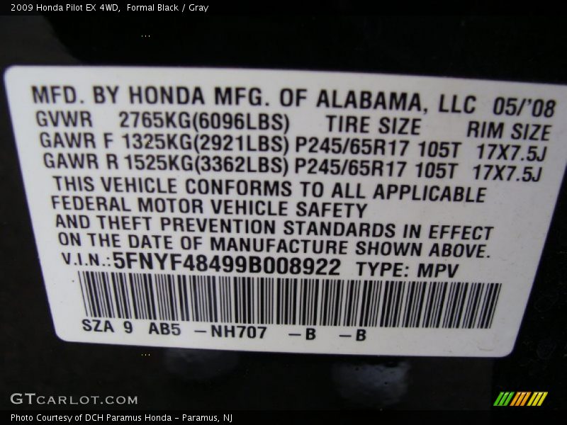Formal Black / Gray 2009 Honda Pilot EX 4WD