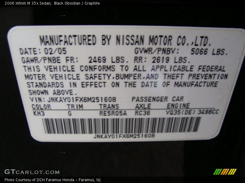 2006 M 35x Sedan Black Obsidian Color Code KH3