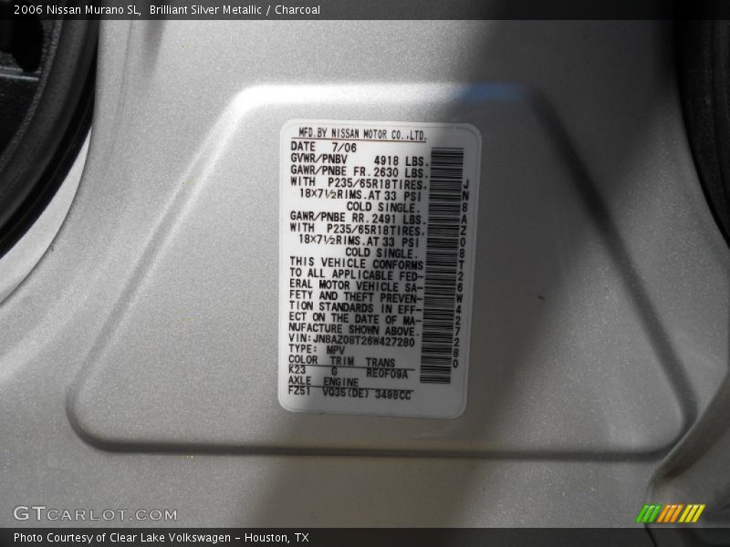 Brilliant Silver Metallic / Charcoal 2006 Nissan Murano SL