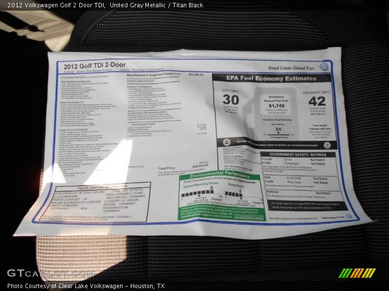 2012 Golf 2 Door TDI Window Sticker