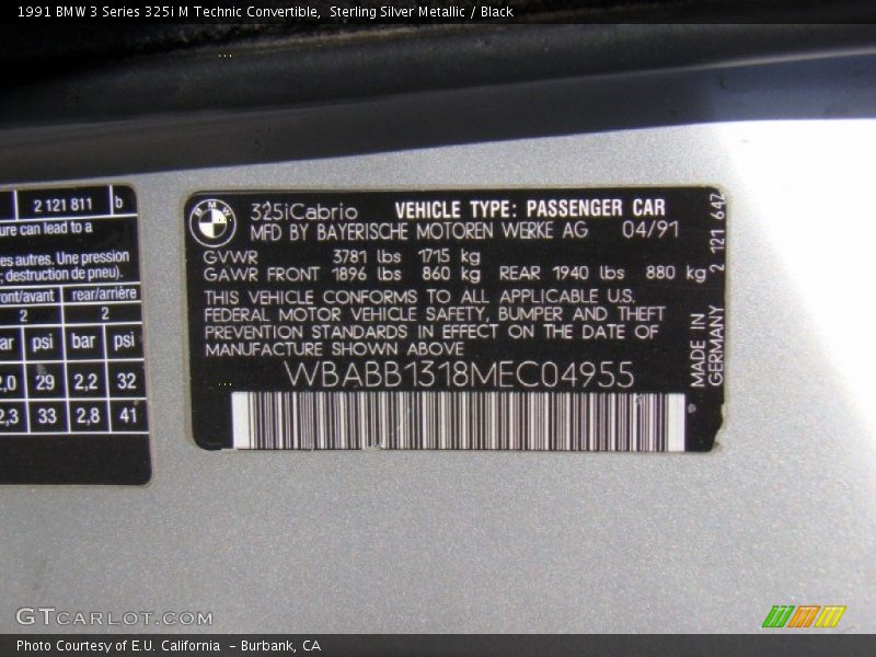 Info Tag of 1991 3 Series 325i M Technic Convertible