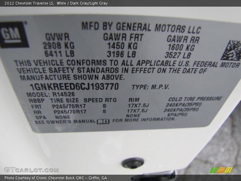 Info Tag of 2012 Traverse LS