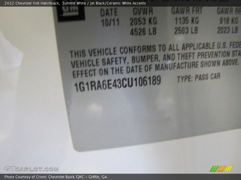 Summit White / Jet Black/Ceramic White Accents 2012 Chevrolet Volt Hatchback