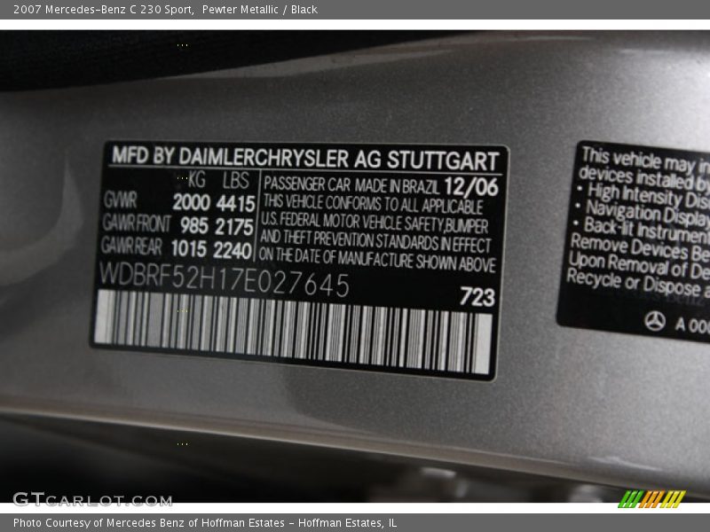 Pewter Metallic / Black 2007 Mercedes-Benz C 230 Sport
