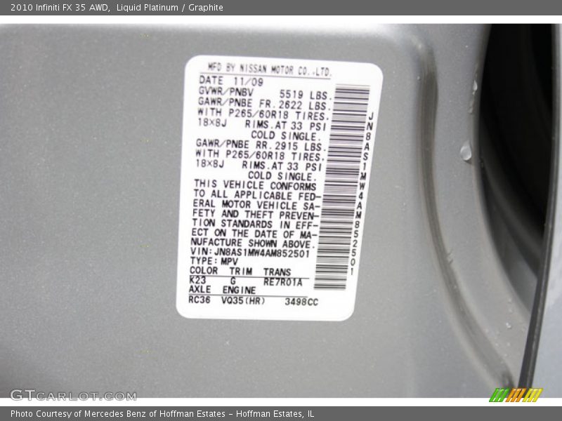 Liquid Platinum / Graphite 2010 Infiniti FX 35 AWD
