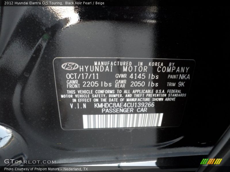 2012 Elantra GLS Touring Black Noir Pearl Color Code NKA