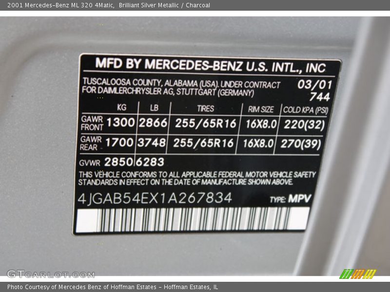 Brilliant Silver Metallic / Charcoal 2001 Mercedes-Benz ML 320 4Matic