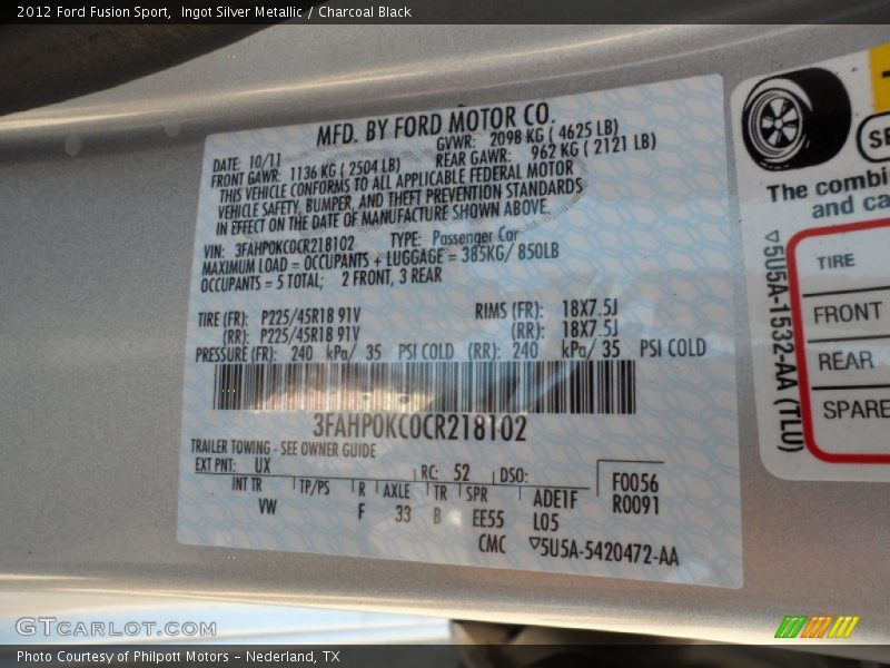 2012 Fusion Sport Ingot Silver Metallic Color Code UX