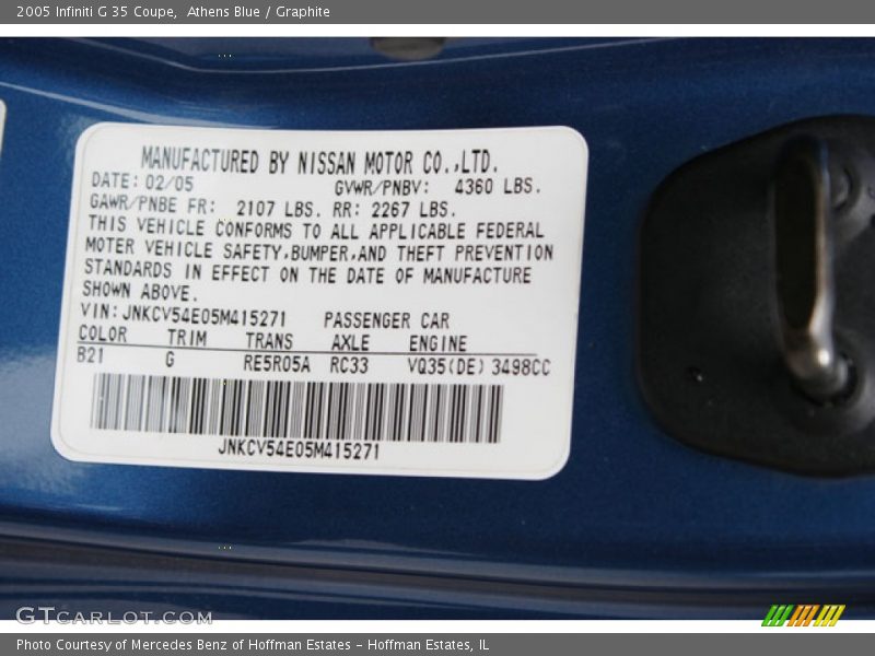 2005 G 35 Coupe Athens Blue Color Code B21