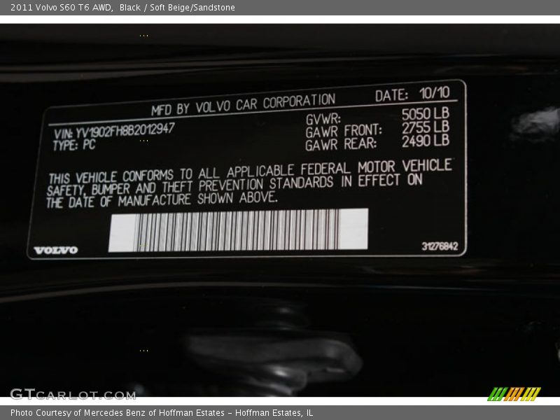 Black / Soft Beige/Sandstone 2011 Volvo S60 T6 AWD