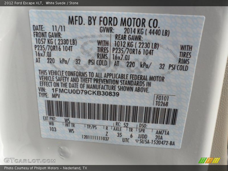2012 Escape XLT White Suede Color Code WS
