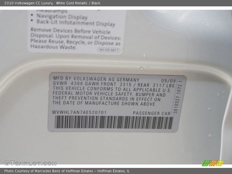 White Gold Metallic / Black 2010 Volkswagen CC Luxury