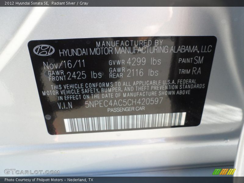 Radiant Silver / Gray 2012 Hyundai Sonata SE