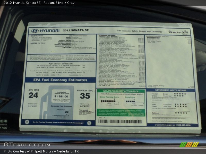Radiant Silver / Gray 2012 Hyundai Sonata SE