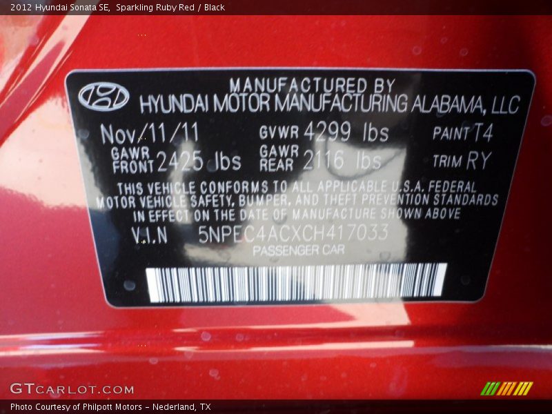 Sparkling Ruby Red / Black 2012 Hyundai Sonata SE