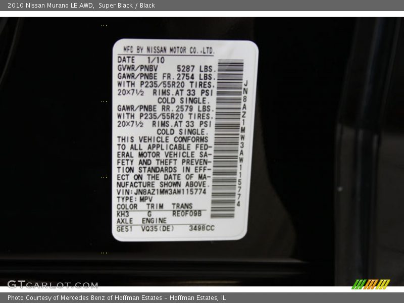Super Black / Black 2010 Nissan Murano LE AWD