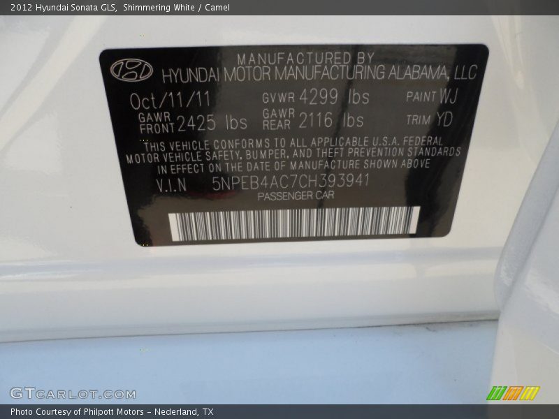 Shimmering White / Camel 2012 Hyundai Sonata GLS