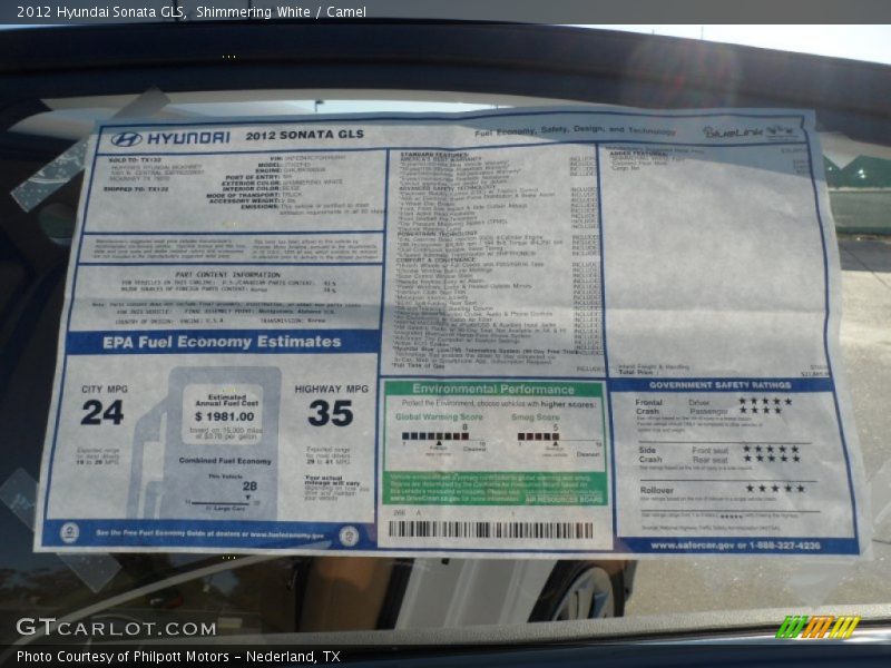  2012 Sonata GLS Window Sticker