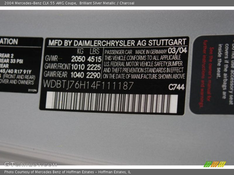 2004 CLK 55 AMG Coupe Brilliant Silver Metallic Color Code 744