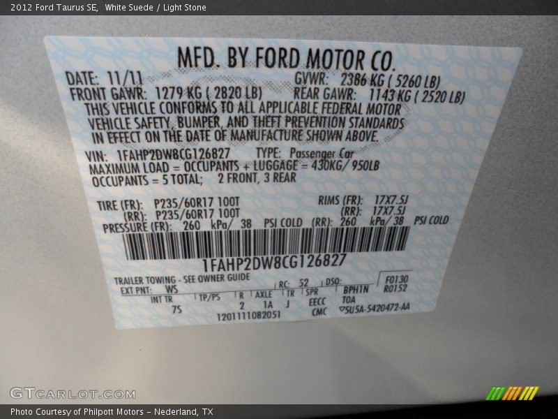 2012 Taurus SE White Suede Color Code WS