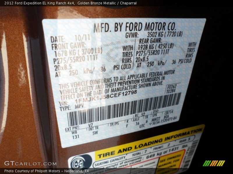 2012 Expedition EL King Ranch 4x4 Golden Bronze Metallic Color Code V7