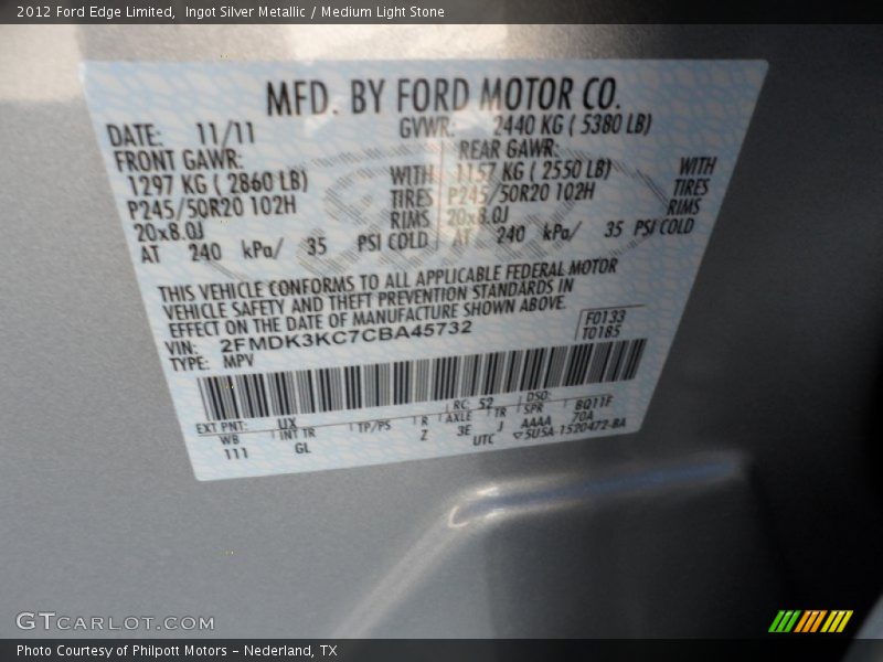 2012 Edge Limited Ingot Silver Metallic Color Code UX