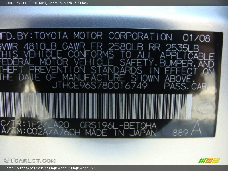 Mercury Metallic / Black 2008 Lexus GS 350 AWD