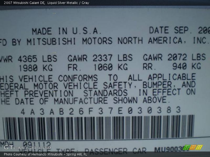 Liquid Silver Metallic / Gray 2007 Mitsubishi Galant DE