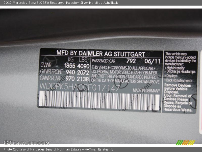 Paladium Silver Metallic / Ash/Black 2012 Mercedes-Benz SLK 350 Roadster