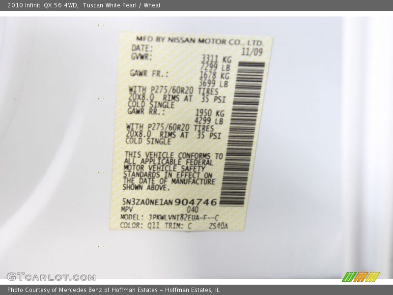 2010 QX 56 4WD Tuscan White Pearl Color Code Q11