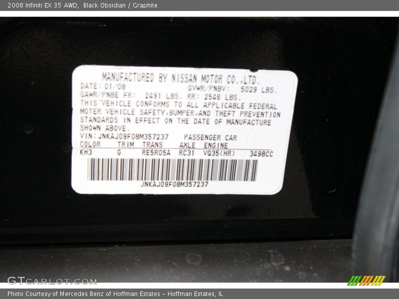 2008 EX 35 AWD Black Obsidian Color Code KH3