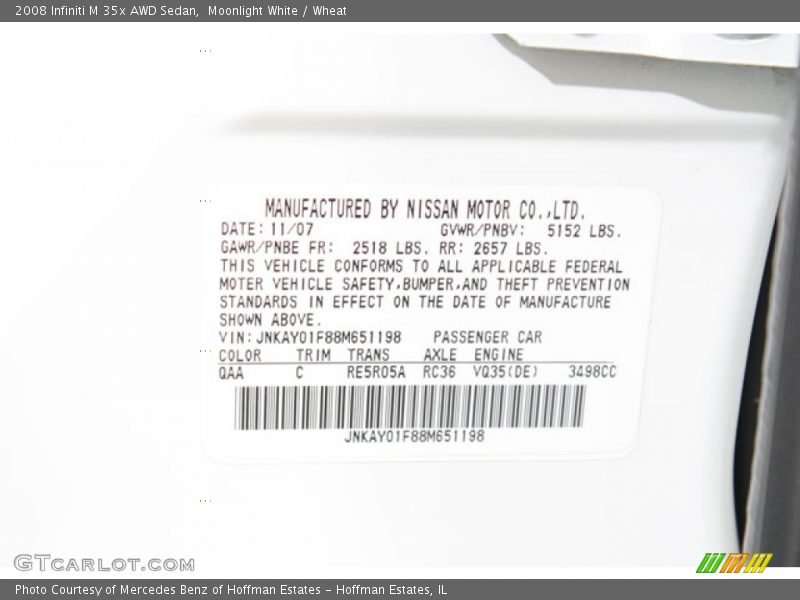 2008 M 35x AWD Sedan Moonlight White Color Code QAA