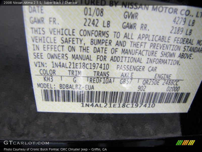 Super Black / Charcoal 2008 Nissan Altima 2.5 S