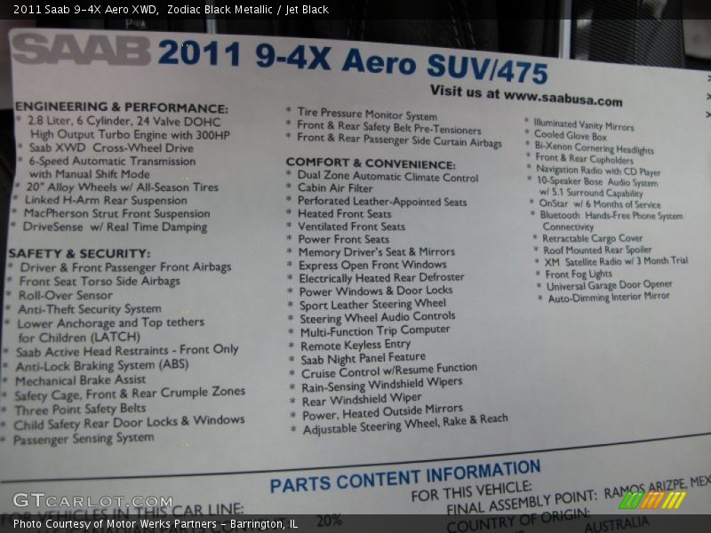  2011 9-4X Aero XWD Window Sticker