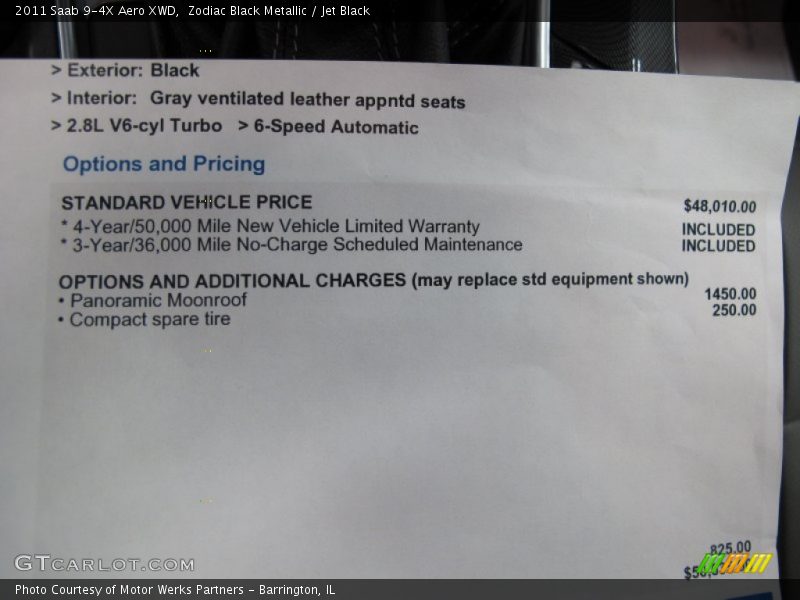  2011 9-4X Aero XWD Window Sticker