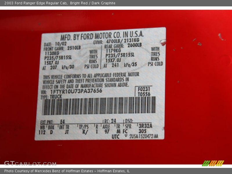 2003 Ranger Edge Regular Cab Bright Red Color Code E4