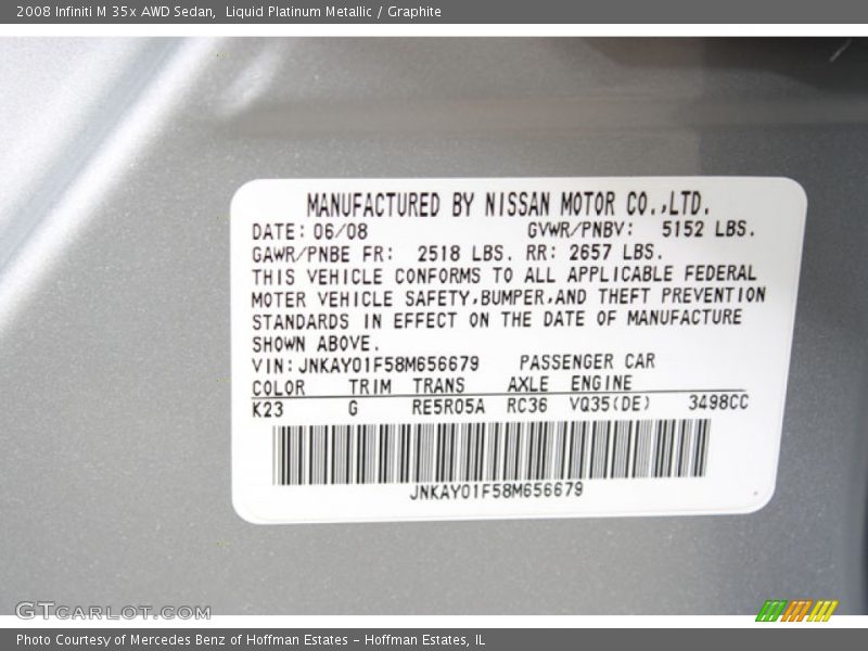 2008 M 35x AWD Sedan Liquid Platinum Metallic Color Code K23