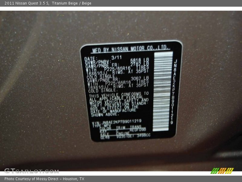 Titanium Beige / Beige 2011 Nissan Quest 3.5 S