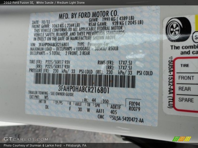 2012 Fusion SE White Suede Color Code WS