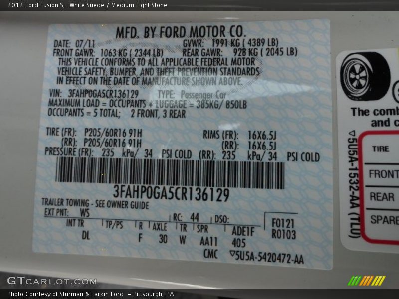 White Suede / Medium Light Stone 2012 Ford Fusion S