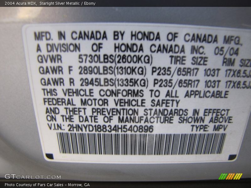 Starlight Silver Metallic / Ebony 2004 Acura MDX