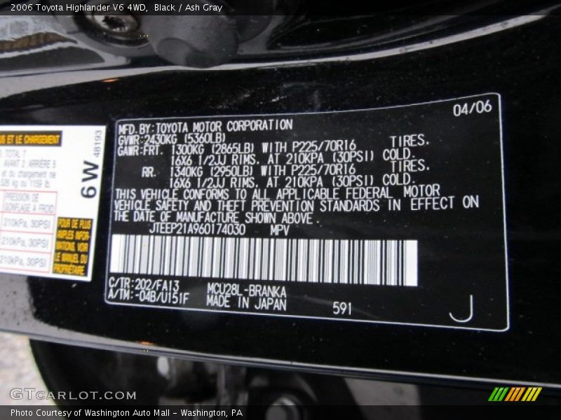 Black / Ash Gray 2006 Toyota Highlander V6 4WD