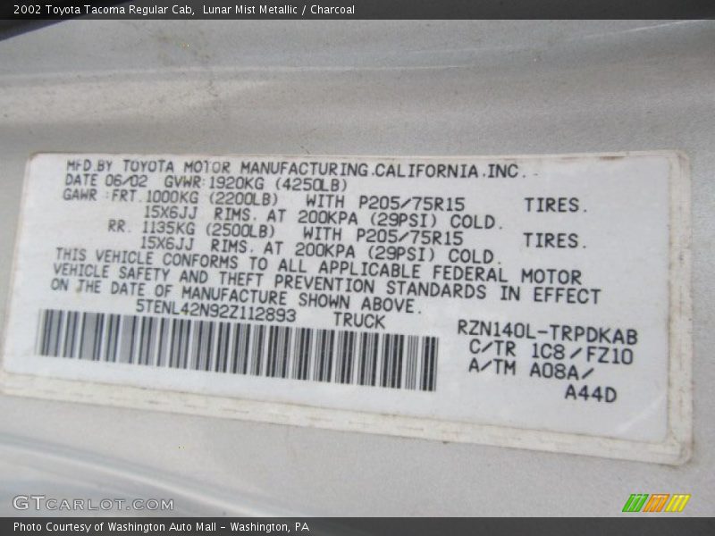 Lunar Mist Metallic / Charcoal 2002 Toyota Tacoma Regular Cab