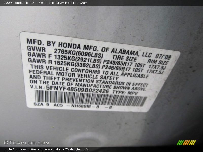 Billet Silver Metallic / Gray 2009 Honda Pilot EX-L 4WD