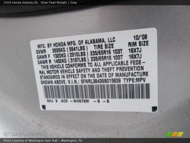 Silver Pearl Metallic / Gray 2009 Honda Odyssey EX