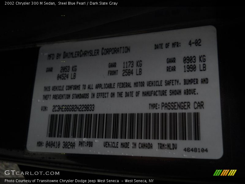 2002 300 M Sedan Steel Blue Pearl Color Code PBQ