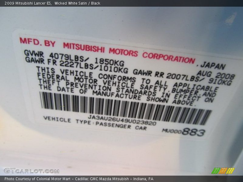 Wicked White Satin / Black 2009 Mitsubishi Lancer ES