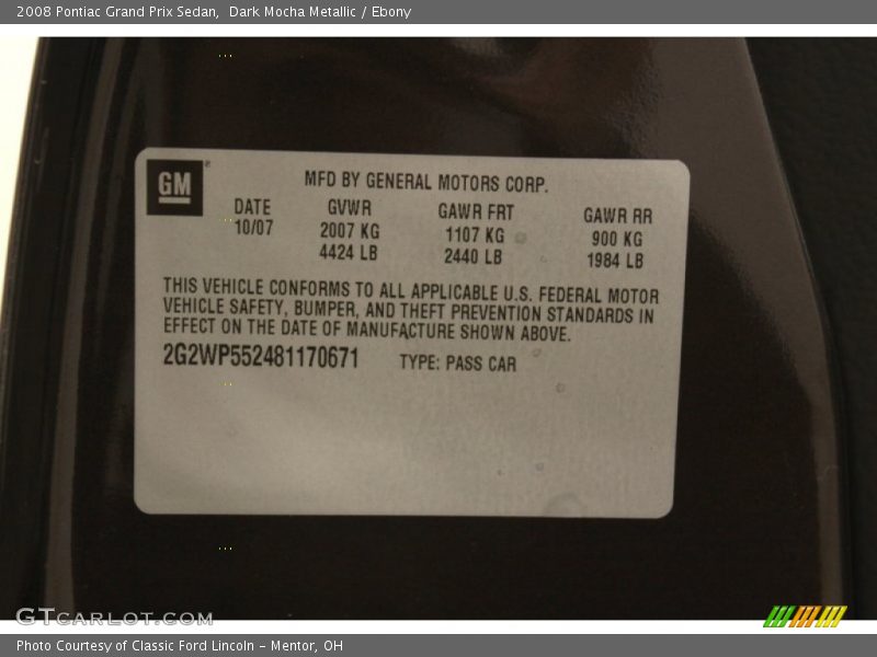 Dark Mocha Metallic / Ebony 2008 Pontiac Grand Prix Sedan